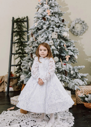 Long Sleeves Beaded White Lace Tulle Flower Girl Dress